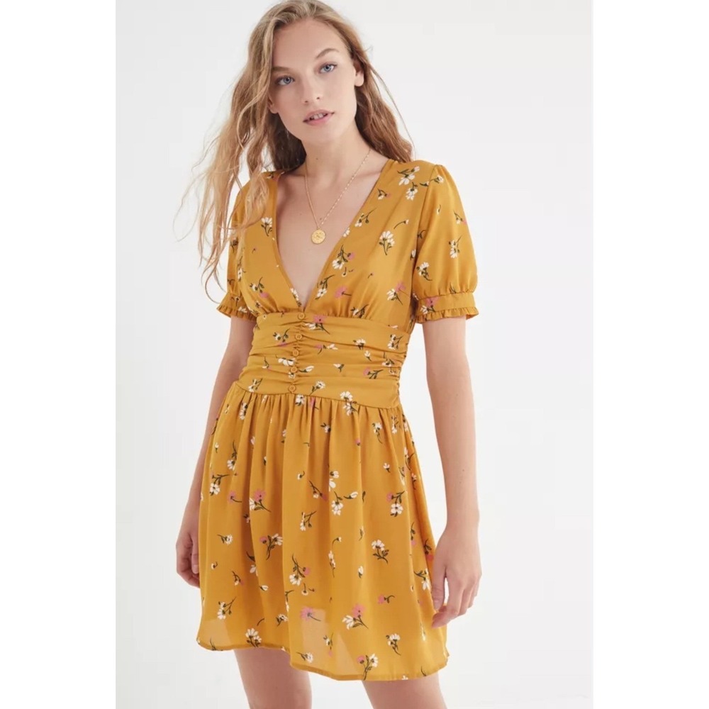 Urban Outfitters Mustard Yellow Floral V-Neck Mini Dress Small Smocked Back
